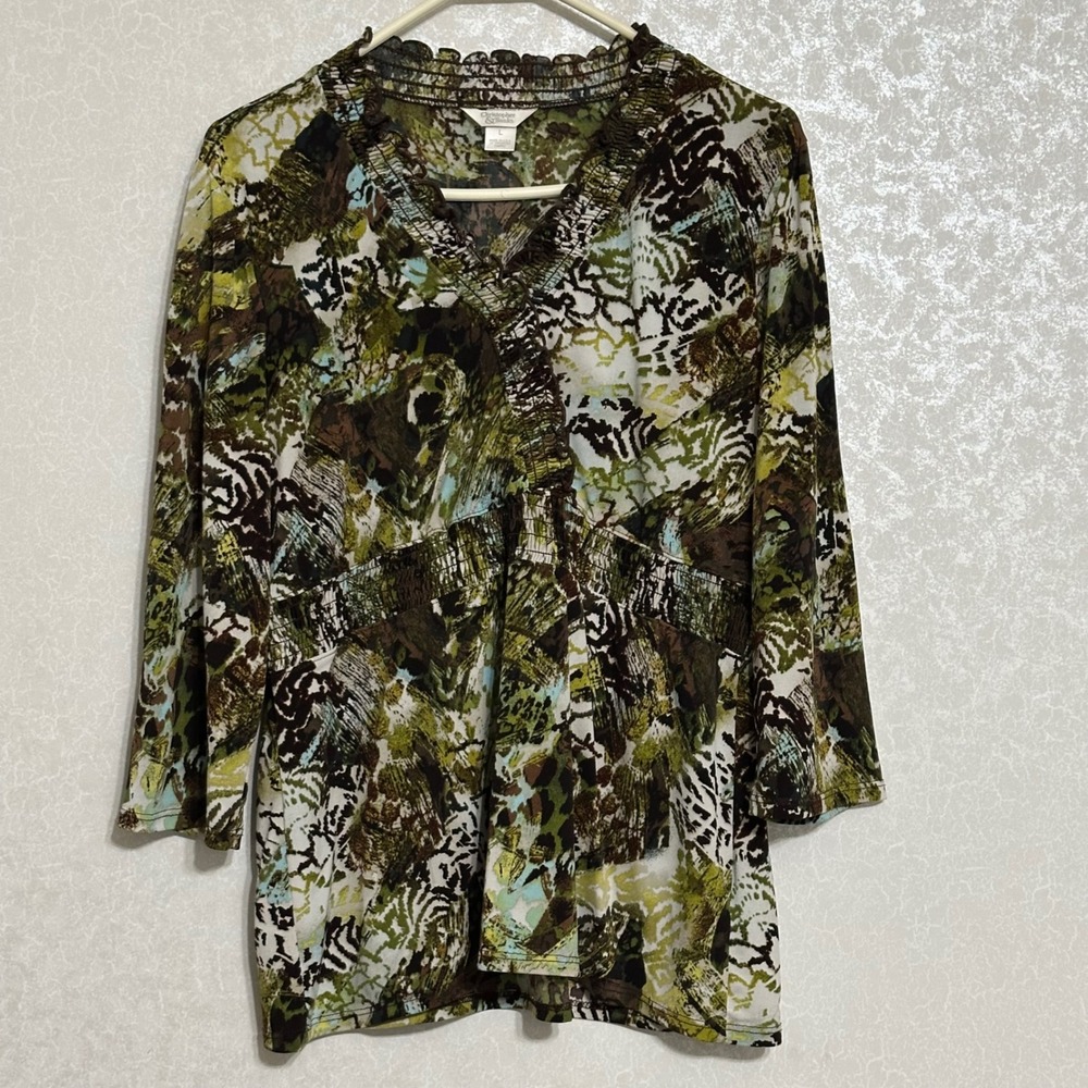 Christopher Banks Green Abstract Print Smocked Waist 3/4 Sleeve V-Neck Blouse L